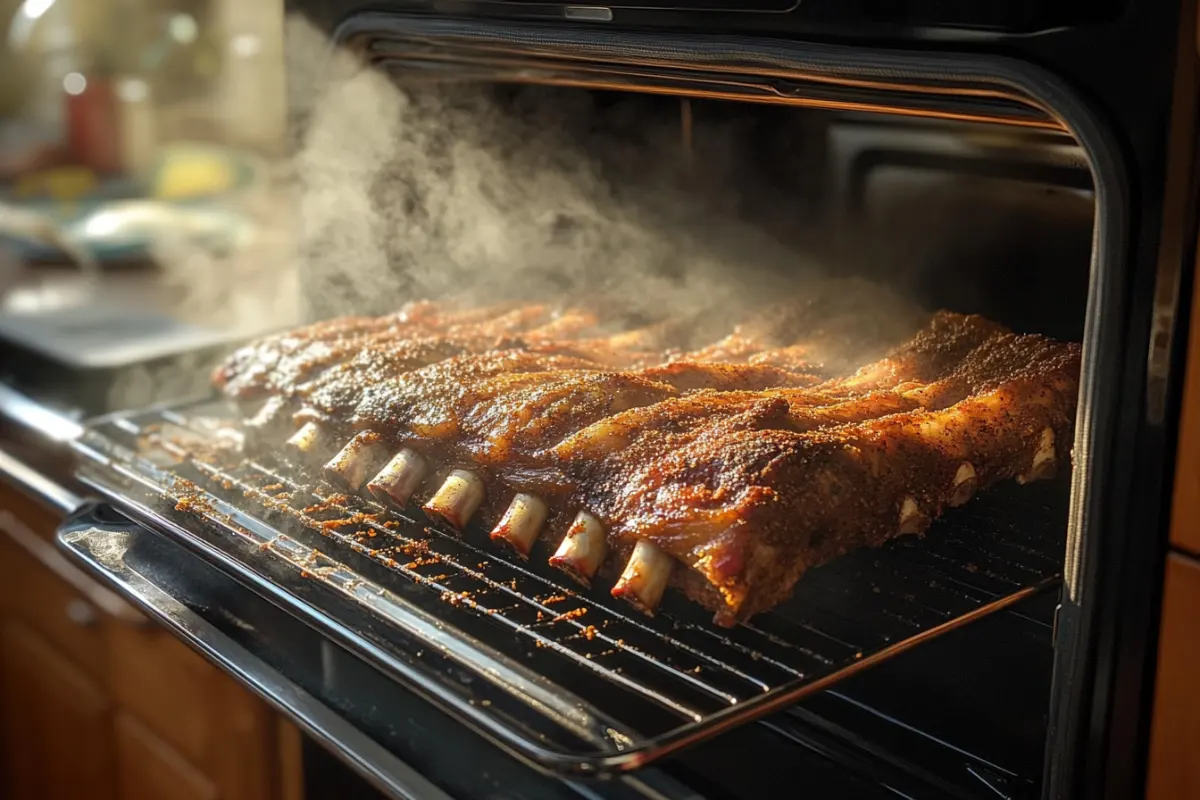 Dino ribs being roasted in a home kitchen oven, the oven door slightly open revealing ribs covered in a spice rub