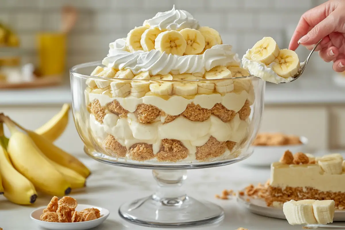 A no-bake banana pudding variation presented in a large trifle bowl. The layers of vanilla wafers, bananas, and pudding are visible through the glass bowl, with whipped cream swirled on top. The scene is set in a bright kitchen, with a person’s hand about to serve a scoop of the pudding with a large spoon. Around the bowl, there are fresh bananas, a few scattered wafers, and a small plate with a slice of banana pudding served neatly. The lighting is natural, giving a cozy, homemade vibe, similar to an amateur photo from Reddit. Taken with an iPhone 15 Pro.
--ar 3:2