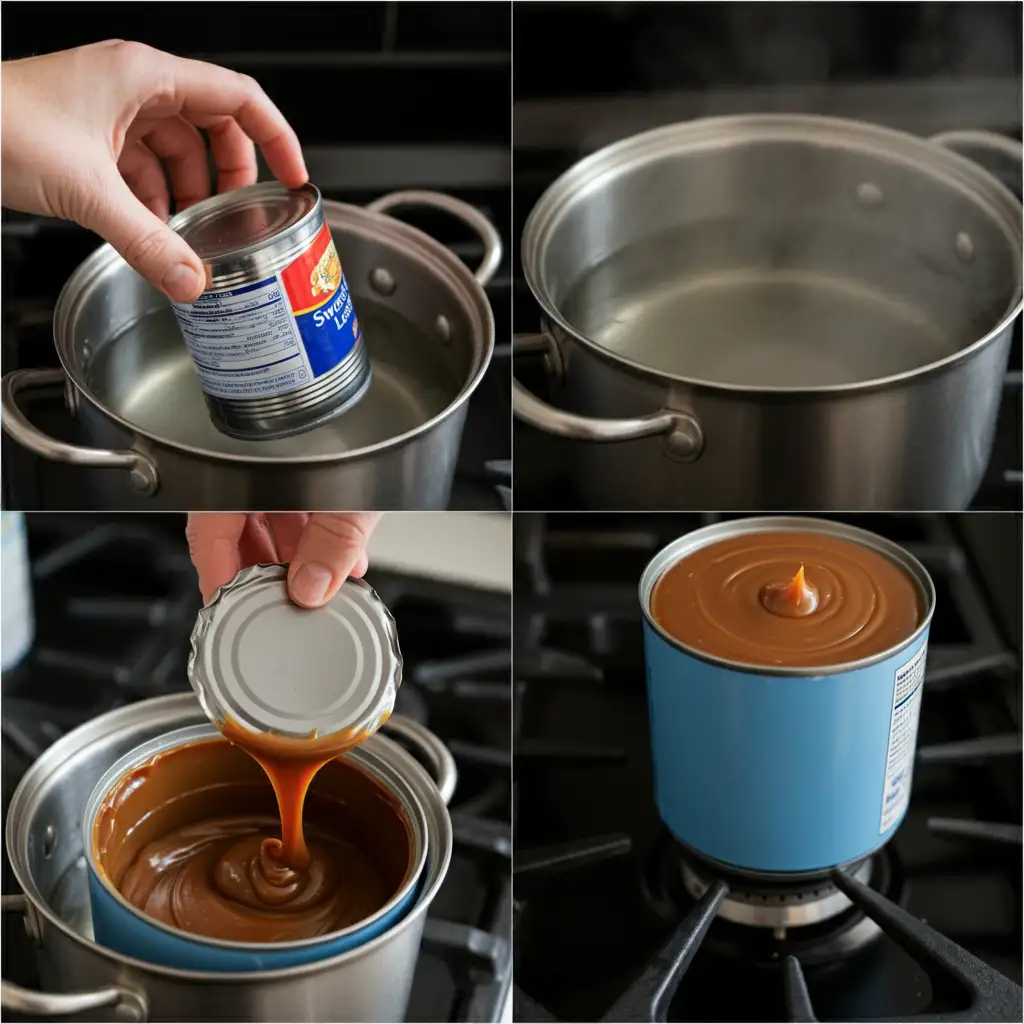 A step-by-step process of making dulce de leche at home. First image: a can of sweetened condensed milk being placed in a pot of water. Second image: the pot simmering on a stove with steam rising. Third image: the can opened, revealing thick, golden dulce de leche ready to be used as a filling