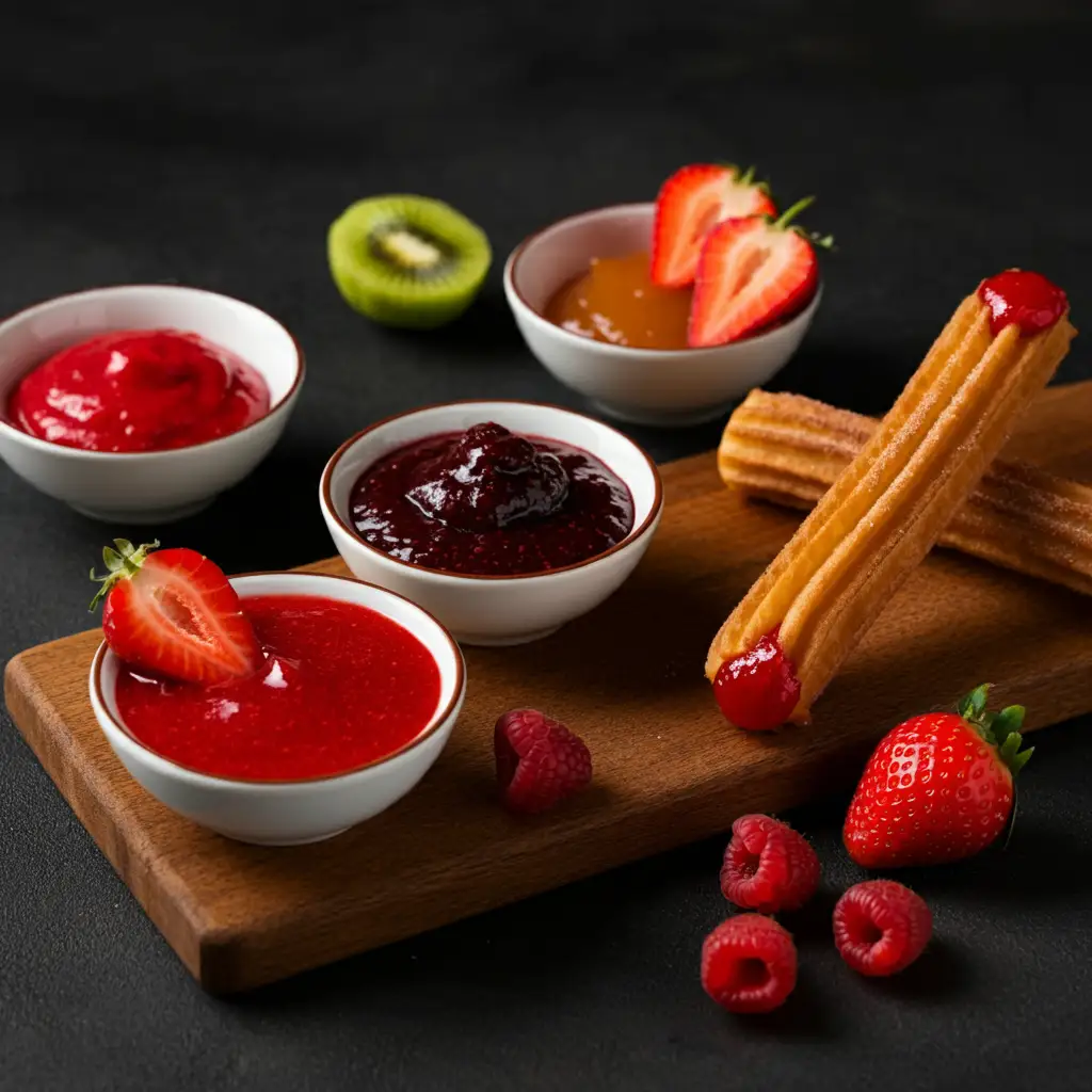 A vibrant scene showcasing a variety of fruit-based fillings for churros. There's a bowl of bright red strawberry puree, another with deep purple raspberry coulis, and a third with golden guava paste. Each bowl is garnished with a fresh fruit slice