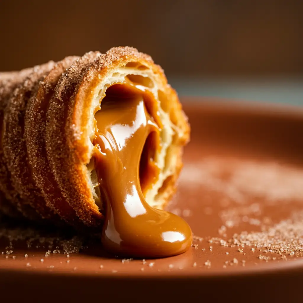 Close-up of a churro being filled with golden, creamy dulce de leche, soft focus on the filling oozing out, warm lighting, food photography style