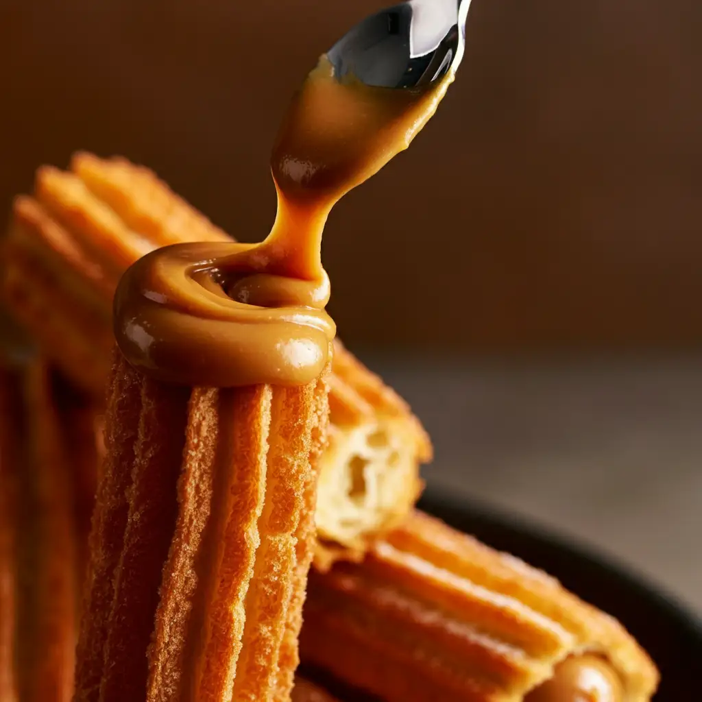 A cross-section of a custard-filled churro on a white plate, showing the contrast between the crispy exterior and creamy interior, soft natural lighting, macro lens