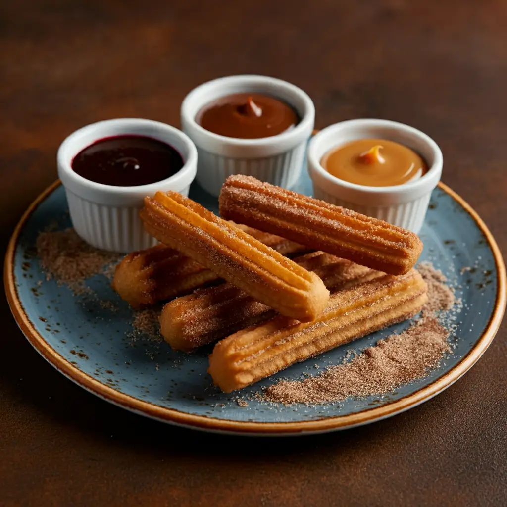 A beautifully plated serving of churros, accompanied by dipping sauces like thick melted chocolate, dulce de leche, and a berry fruit sauce. The churros are golden and crispy, with sugar and cinnamon dusting. The sauces are in small bowls, adding to the indulgent and colorful presentation.