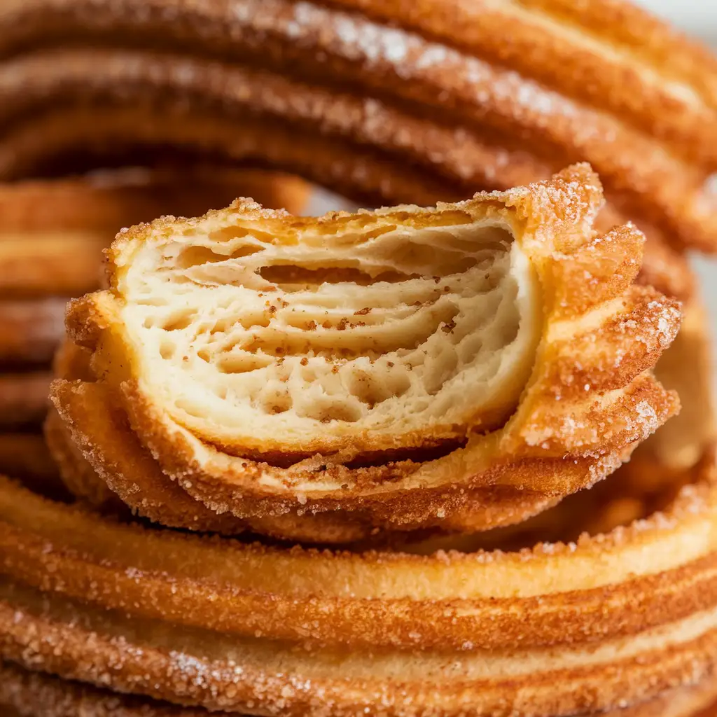 Illustrate the texture contrast of a churro. Show a close-up of a bitten churro where the exterior is crispy and golden brown with visible sugar and cinnamon particles, while the interior is soft, fluffy, and light. Aroma lines should suggest the warm smell of fried dough and cinnamon.