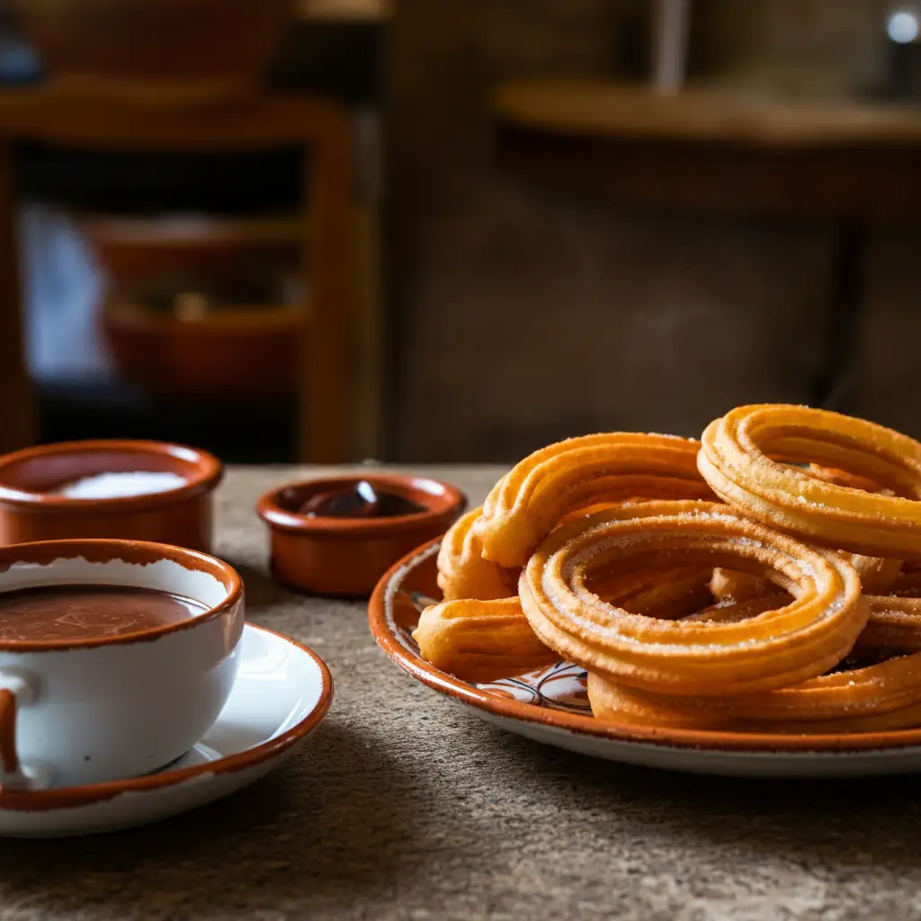 A traditional Spanish breakfast scene with a plate of freshly fried churros, dusted with sugar, served alongside a cup of thick hot chocolate for dipping. The churros are golden and crispy, and the setting includes a rustic table with a warm, morning ambiance in Spain