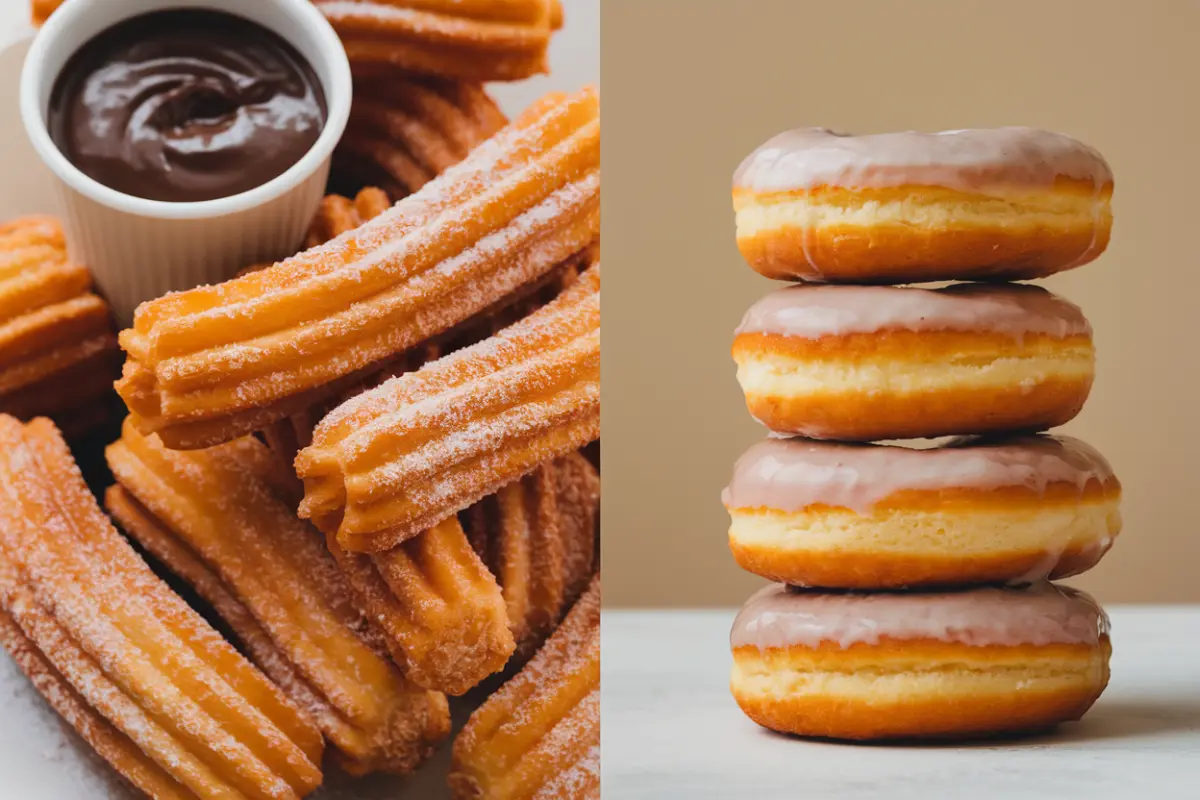 A split image showcasing churros and donuts on opposite sides. On the left, a pile of golden churros dusted with cinnamon sugar, accompanied by a cup of chocolate sauce. On the right, a stack of glazed donuts with a fluffy, airy texture. The background should be neutral to highlight the difference in textures, preparation, and overall look of these iconic treats