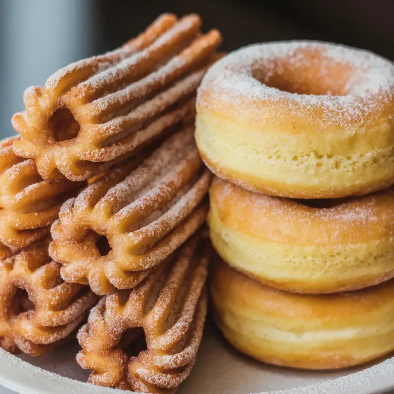 A close-up shot of churros with a crunchy exterior, dusted with cinnamon sugar, next to a stack of fluffy, yeast-raised donuts with a soft, airy interior. The contrasting textures of the crispy churros and soft donuts should be clearly visible, creating a delicious visual comparison