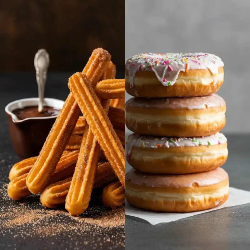 A split image showcasing churros and donuts on opposite sides. On the left, a pile of golden churros dusted with cinnamon sugar, accompanied by a cup of chocolate sauce. On the right, a stack of glazed donuts with a fluffy, airy texture. The background should be neutral to highlight the difference in textures, preparation, and overall look of these iconic treats