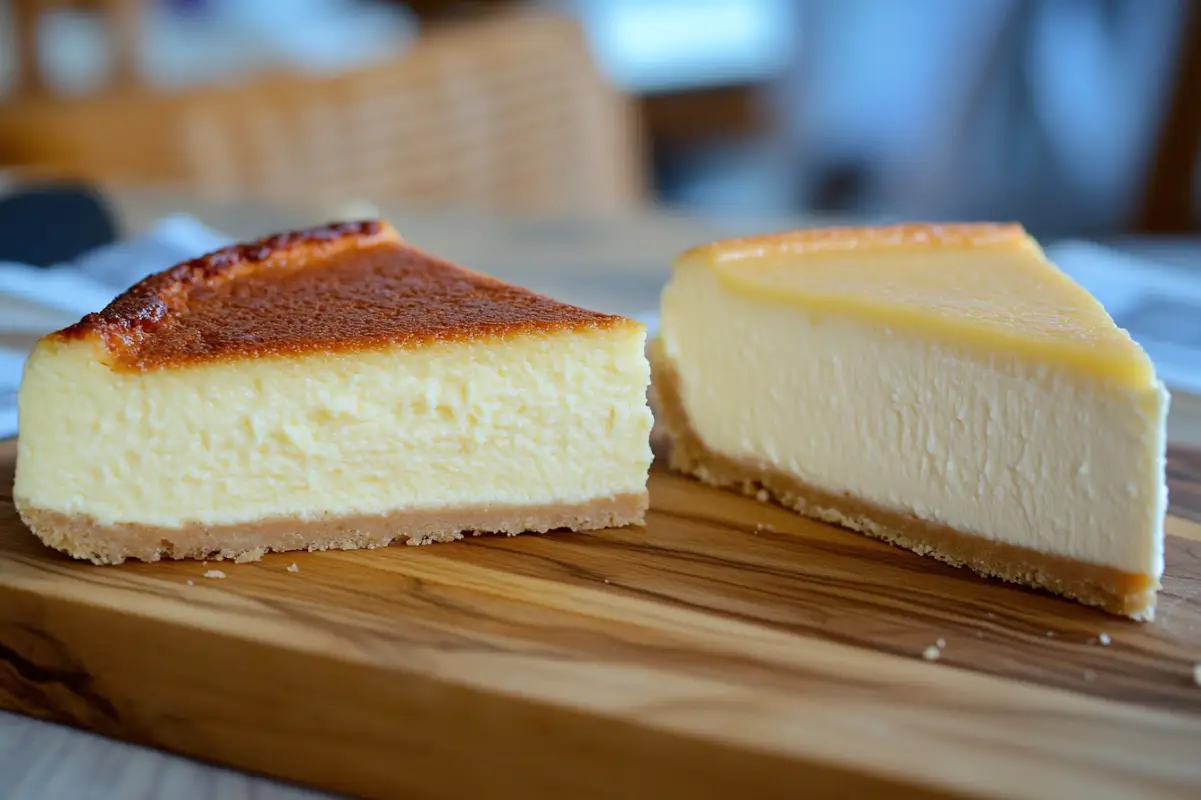 Amateur close-up photo of two cheesecake slices showing their textures: the New York cheesecake is dense and firm, while the Philadelphia cheesecake is airy and light. Both are placed on a wooden board, with the creaminess and density clearly visible from the sides. Slight crumbs and imperfections add a realistic touch to the photo. --ar 3:2