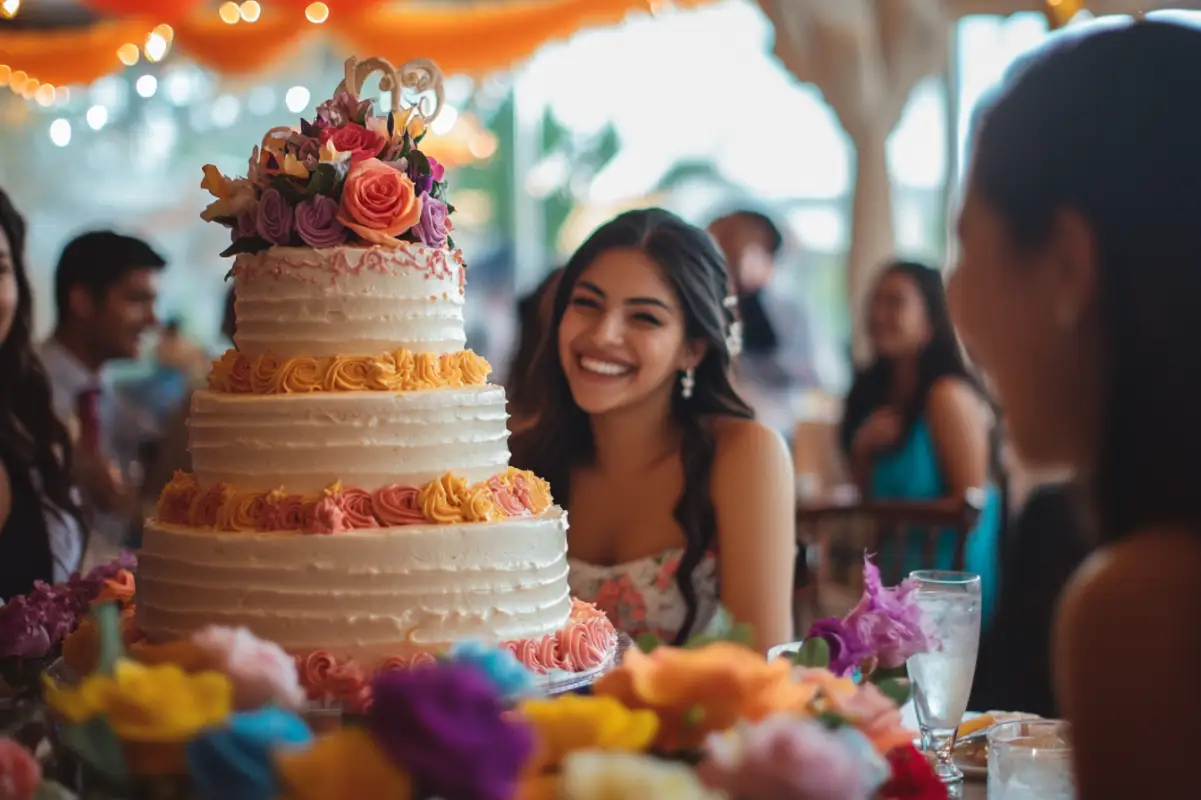 A quinceañera celebration with a beautifully decorated Tres Leches cake as the centerpiece