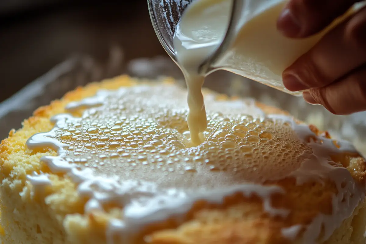 A close-up shot of a Tres Leches cake in the process of being soaked with milk. The sponge cake is light and airy, ready to absorb the milk mixture without collapsing.