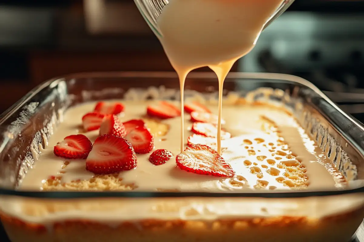 :
A sponge cake in a glass baking dish being slowly poured with a creamy tres leches mixture. The mixture is visibly seeping into holes poked across the cake's surface. A few sliced strawberries float in the milk mixture. Soft,