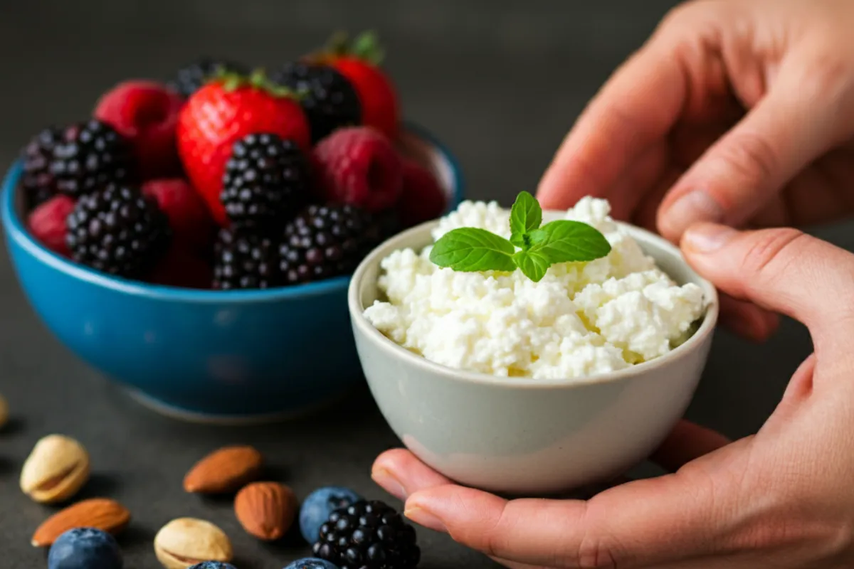 A bowl of cottage cheese next to fresh fruits and nuts, held in a person’s hand