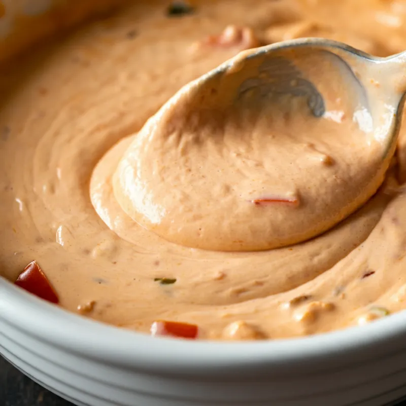 Close-up of a spoon stirring creamy Rotel Dip with tomatoes and chilies. 