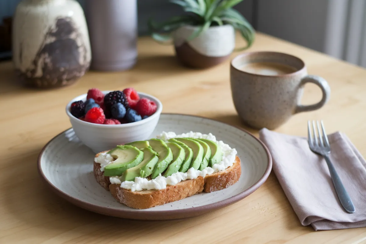 Cottage cheese toast with avocado slices, served with fresh berries for breakfast