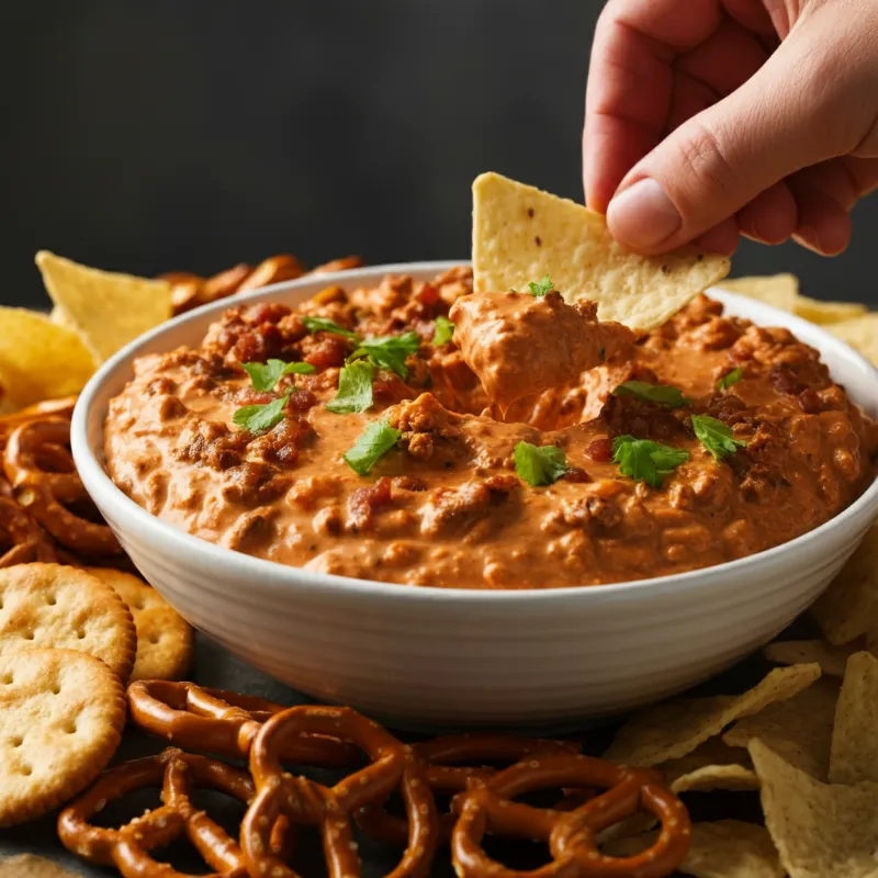 Hand dipping a tortilla chip into a bowl of Rotel Dip with crackers and pretzels nearby.