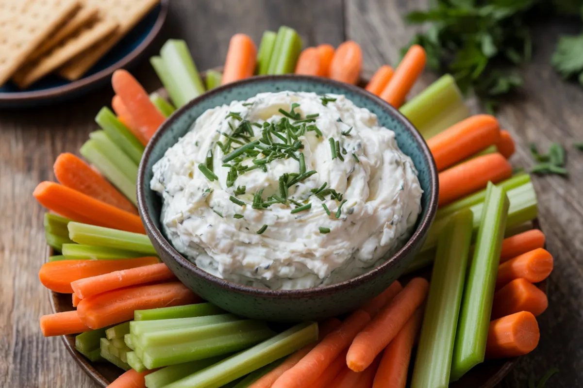 Herbed cottage cheese dip served with veggie sticks and crackers.