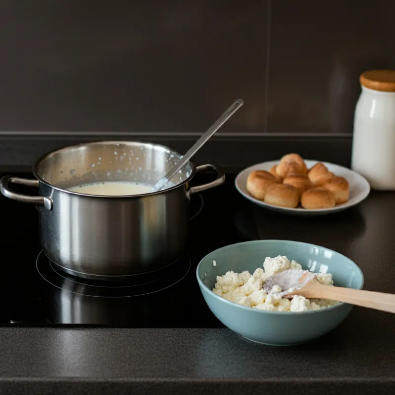 Homemade cottage cheese being made in a pot on a kitchen counter