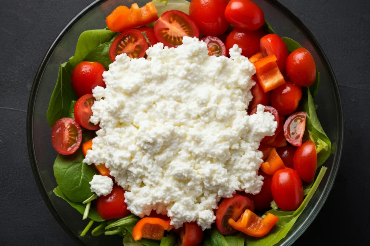 A fresh cottage cheese salad with chopped bell peppers and tomatoes in a bowl