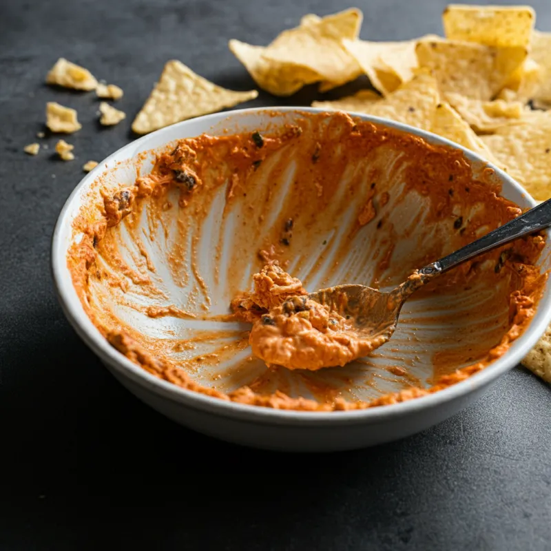 Nearly empty bowl of Rotel Dip with tortilla chip crumbs nearby.