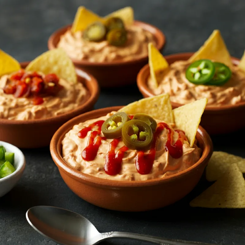 Rotel Dip variations with jalapeños, green chilies, and hot sauce in small bowls. 